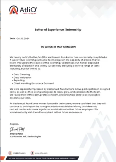 Letter of Experience Virtual Internship